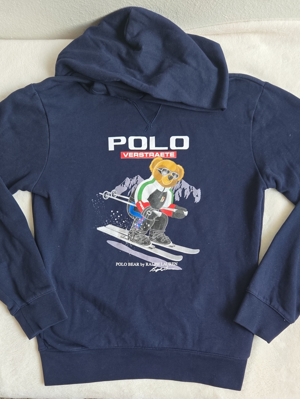 Ralph Lauren Navy Hoodie with Skiing Polo Bear Graphic